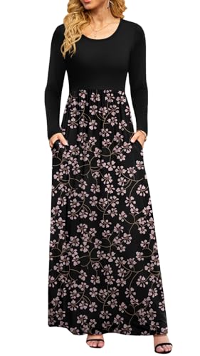 DB MOON Frauen Casual Langarm Maxi Kleider Empire-Taille Langes Kleid mit Taschen, Blume Gypsophila schwarz, XX-Large von DB MOON