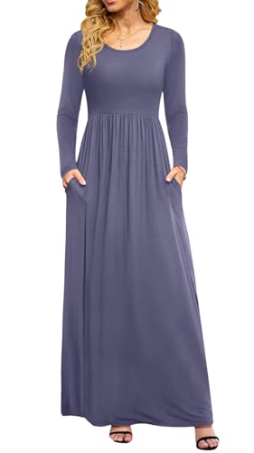 DB MOON Frauen Casual Langarm Maxi Kleider Empire-Taille Langes Kleid mit Taschen, Grau, Large von DB MOON