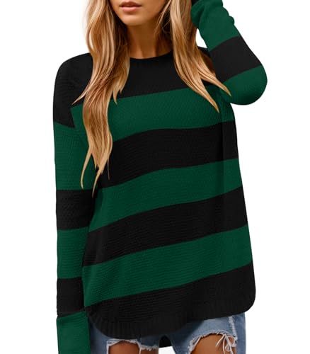 DB MOON Frauen Rundhalsausschnitt Langarm Strickpullover 2023 Loose Fit Soft Solid Pullover, Gestreift 02, X-Groß von DB MOON
