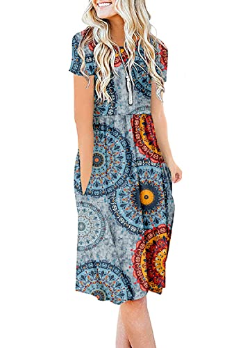 DB MOON Frauen Casual Kurzarm Kleider Empire-Taille Knielanges Kleid mit Taschen, Flower Mix blau, Groß von DB MOON