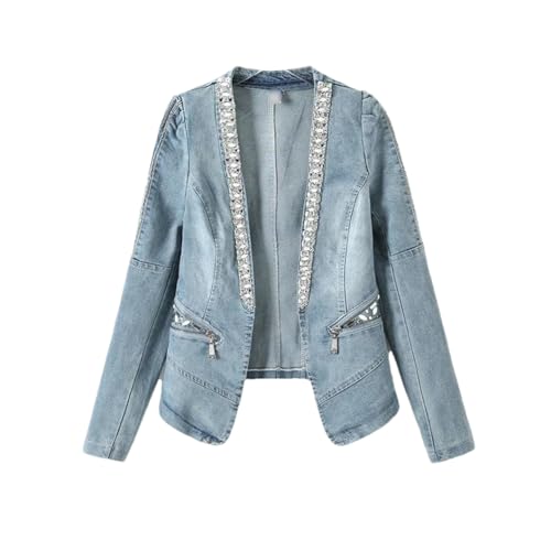 DBFBDTU Damen Jeansjacke mit V-Ausschnitt, Vintage, kurz, schmal, Strass, Denim, Cardigan, Mantel, Jeansjacke, hellblau, 48 von DBFBDTU