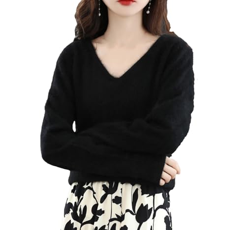 DBFBDTU Damen Kaschmir Pullover V-Ausschnitt Pullover Strickoberteile Langarm Weich Pullover Sweater Pulli, Schwarz , S von DBFBDTU