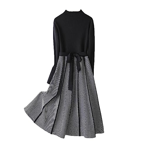 DBFBDTU Damen Plissee-Strickkleid, Halber Rollkragenpullover, Lässiges Midi-Pulloverkleid Black L 55-60kg von DBFBDTU