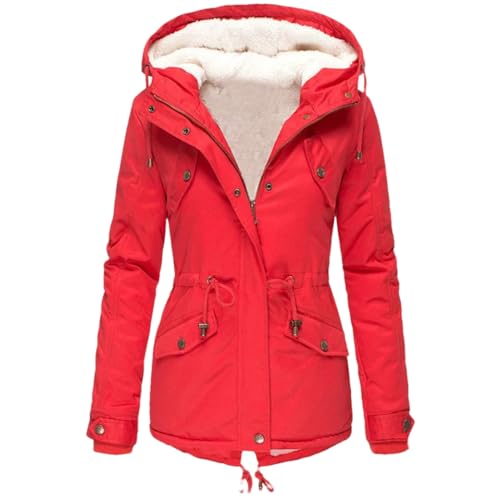 DBFBDTU Damen Wintermantel Warm Verdickte Lange Winterjacke Outdoor Wandern Kapuzen Parka Mantel Overcoat, rot, 48 von DBFBDTU