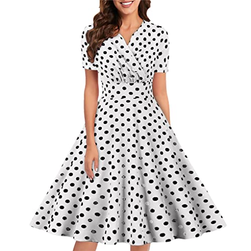 DBFBDTU Dot Polka Print Kleider für Frauen Sommer Casual V Ausschnitt Wickelkleid Party A Linie Sommerkleid, weiß, Small von DBFBDTU