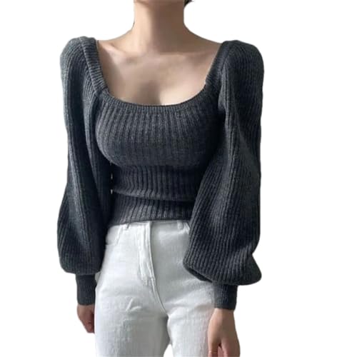 DBFBDTU Frühling Herbst Für Frauen Gestrickte Pullover Weibliche Pullover Stricken Pullover Langarm Square Neck Gray XL von DBFBDTU