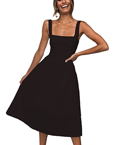 Damen rückenfreie A-Linie Kleider Spaghettiträger Sommer Strandkleid Casual Solid Sling Midi Kleid, Schwarz , Small von DBFBDTU