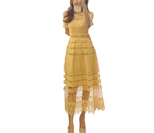 Sommer Spitze Kragen Taille Durchbrochene Spitze Big Swing Langes Urlaubskleid Damen Solid Mesh Kleid, gelb, L von DBFBDTU