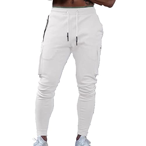 DBMZV Cargohose Herren Lang Sommerhose Casual Jogginghose Stretch Chinohose Regular Fit Einfarbige Funktionshose Cargo Hose Elastische Mit 6 Taschen, Polyesterhose Running Shorts Sale(Weiß,L) von DBMZV