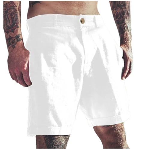 DBMZV Herrenshorts Kurze Leinenhose mit Taschen Leinen Lässigen Bermuda Sommershorts Einfarbige Strandhose Lockere Passform Sport Kurz Freizeithose, Sommerhosen Cargoshort Hotpants(Weiß,3XL) von DBMZV