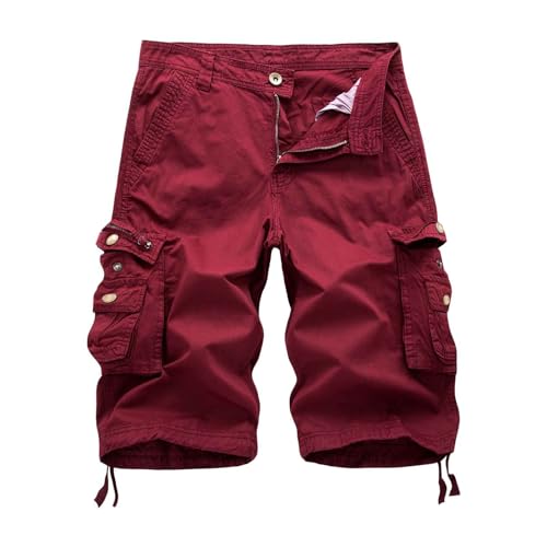 DBMZV Kurze Hosen Herren Cargo Shorts ChinoShorts Cargohose Sommer mikroelastisches Köpergewebe Elastische Taille mit Reißverschlusstaschen, Pyjamahose Boardshorts Hotpants(Rot,M) von DBMZV