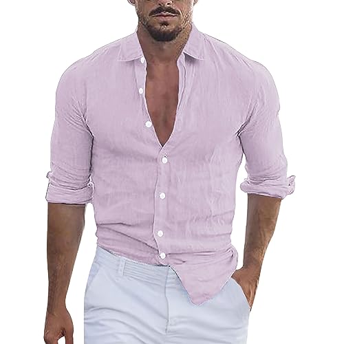 DBMZV Leinenhemd Herren Kurzarm Hemd Button Down Freizeithemd Regular Fit Freizeithemden Sommer Strandhemd Strand LeinenShirt Stretchhemd, Fitnessshirt funktionsunterhemd cordbluse(Purple, L) von DBMZV