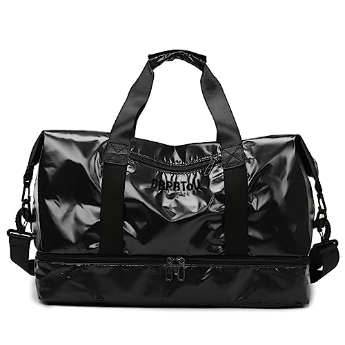 DBPBToU Reisetasche Damen Herren kleine Sporttasche mit Schuhfach, Kleine Weekender Handgepäck Tasche, wasserdichte Faltbare Travel Bag mit Yogamattenhalter (Schwarz) von DBPBToU