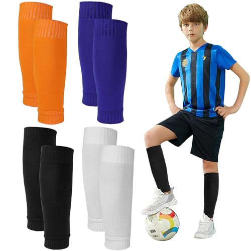Schwarz/Weiß/Orange/Blau Stutzen Fussball Herren, 4 Paar Atmungsaktiv Schienbeinschoner Socken, Atmungsaktiv Saugfähig Fußball Sleeve, Stutzen Ohne Socken, Unisex Tube Stutzen für Radfahren Marathon von DBTW