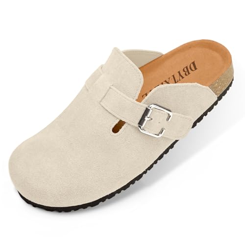 DBYTXIEYE Damen Wildleder Clogs Leder Pantoletten Slip On Sandalen mit Fußgewölbeunterstützung, aprikose, 6 Women/5 Men von DBYTXIEYE