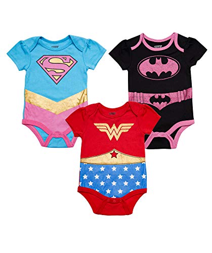 DC Comics Baby Mädchen Neugeborene 3er Pack Kurzarm Bodysuit Wonder Woman Supergirl Batgirl (blau/rot/schwarz, 3-6 Monate) von DC Comics