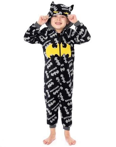 DC Comics Batman Onesie Jungen | Schwarzer All-in-One-Pyjama für Kinder aus dem Film „Dark Knight“ | Weicher, Flauschiger Schlafanzug für Kinder, 8–9 Jahre von DC Comics