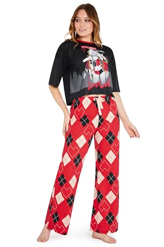 DC Comics Harley Quinn Damen lang Pyjama Set, weich & atmungsaktiv, Schlafanzug für Frauen (Schwarz/Rot, M) von DC Comics