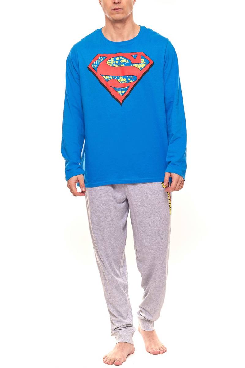 DC Comics Herren Superman Schlafanzug Pyjama-Set mit großem Logo auf der Brust Blau/Grau von DC Comics