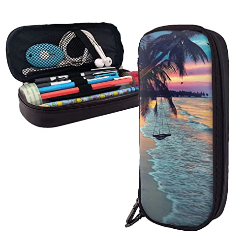 DCARSETCV Federmäppchen mit niedlichem Mops-Motiv, PU-Leder, Flip-Bleistiftetui, Büro-Bleistiftbox, Geschenk für Erwachsene, Teenager, Schule, Mädchen, Jungen, Kokosnuss Beach Sunset Hängematte, von DCARSETCV