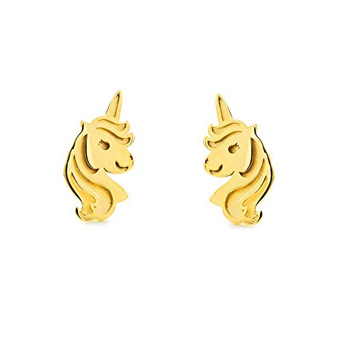 Damen & Kinder Einhorn Ohrstecker - Gelbgold 9 Karat (375) - Geschenkbox - Garantiezertifikat von Monde Petit