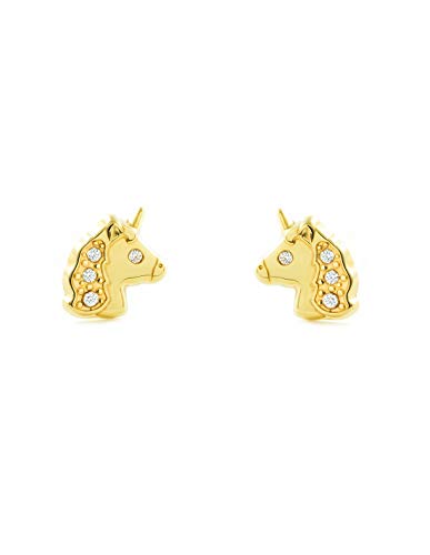 Damen & Kinder Einhorn Ohrstecker mit Zirkonen - Gelbgold 9 Karat (375) - Geschenkbox - Garantiezertifikat von Monde Petit