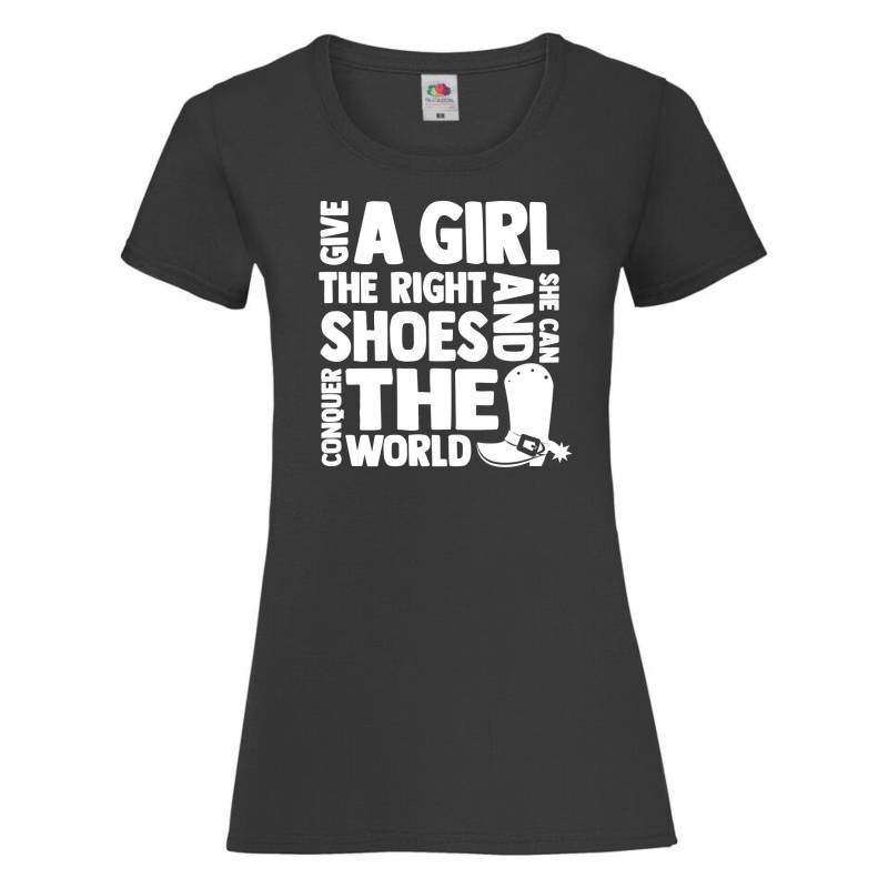 Geben Sie Einem Mädchen Die Richtigen Schuhe Und Sie Wird Welt Womens Pferde Ladyfit T Shirt Reiten Erobern von DCGPRINTWEAR