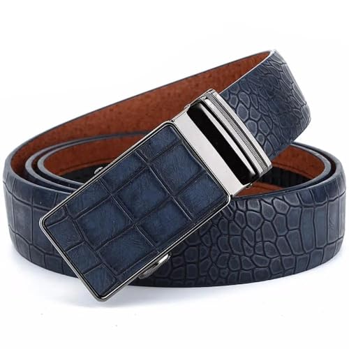 DCNIYT Herren Lederbezug Automatik Schnalle Metall Gürtel Qualität Krokodilstreifen Blau Kuhhaut Zubehör Gürtel für Männer, Modell 2 Blau, 110 cm von DCNIYT