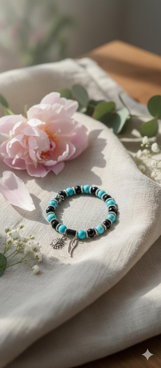 Damenarmband Mit Türkisblauen, Schwarzen Und Silbernen Boho-Glasperlen, Elegante Charms, Einzigartiger Handgefertigter Schmuck, Schicker Stil von DCOBYArt