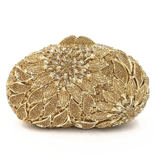 DCRYRPQES Frauen Kupplungen Gold Metall Blätter Kristalle Abend Kupplung Taschen Luxus Frauen Hochzeit Party Ball Handtaschen Strass Clutches(GOLD 1PC) von DCRYRPQES