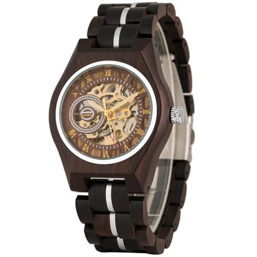 DCRYRPQES Stilvolle Retro-Automatik-Mechanikuhren for Herren aus Holz mit römischen Ziffern und Edelstahl-Skelett-Automatikaufzug Herren Armbanduhren(Ebony Wood) von DCRYRPQES