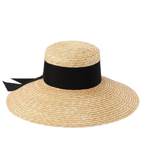 DCRYRPQES Sun Hat Sommer Französisch Seaside Reise Sonnenhut Schleife Band Flat Top Große Krempe Strohhut für Urlaub Reise von DCRYRPQES