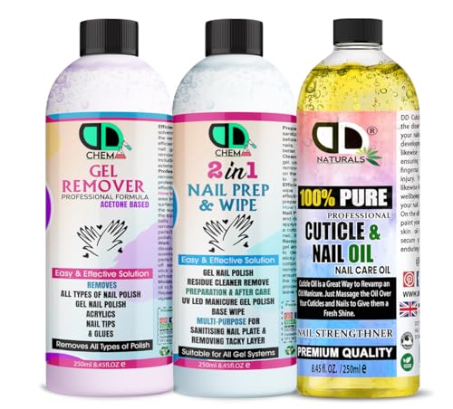 Nail Prep & Wipe + Gel Polish Remover + Cuticle & Nail Oil (250 x 3) Gel Nail Preparation, UV LED Maniküre Gel Polish Base Wipe, Mehrzweck zur Desinfektion der Nagelplatte & Entfernen klebriger von DD teck