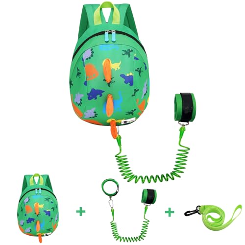 DD Kleinkind Jungen Mädchen Kinder Dinosaurier Rucksack, Cartoon Sicherheit Anti-Verlust Gurt Rucksack mit Zügeln, Green-a, One size von DD