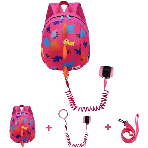 DD Kleinkind Jungen Mädchen Kinder Dinosaurier Rucksack, Cartoon Sicherheit Anti-Verlust Gurt Rucksack mit Zügeln, Pink-a, One size von DD