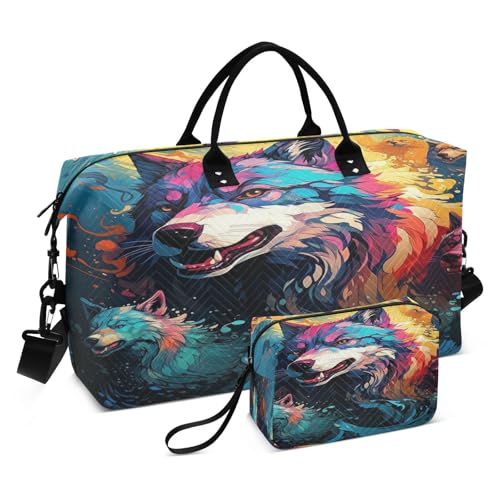 Aquarellkunst Wölfe Sporttasche Handtasche mit Make-up Aufbewahrungstasche Badetasche für Reisen Mädchen Männer von DDDIYEU