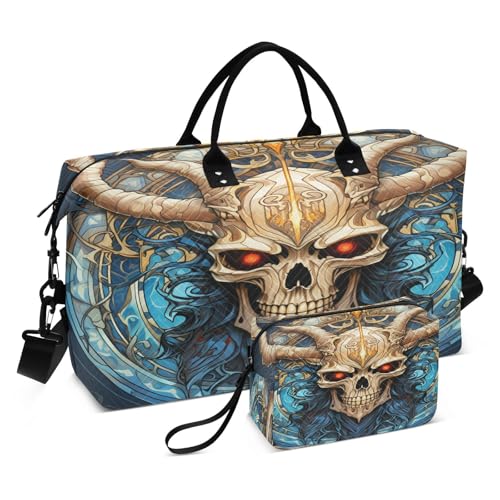 Coole Totenkopfhörner Sporttasche Handtasche mit Make-up Aufbewahrungstasche Badetasche für Reisen Mädchen Männer von DDDIYEU