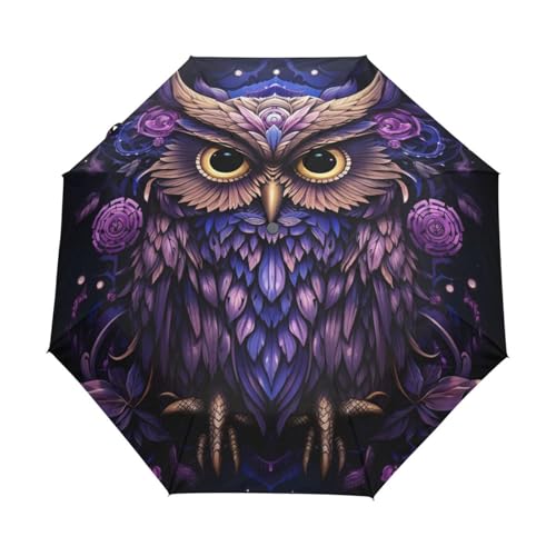 DDDIYEU Coole Lila Eule Regenschirm Taschenschirm Auf-Zu Automatik Schirme Leicht UV-Schutz für Reise Jungen Mädchen Strand von DDDIYEU