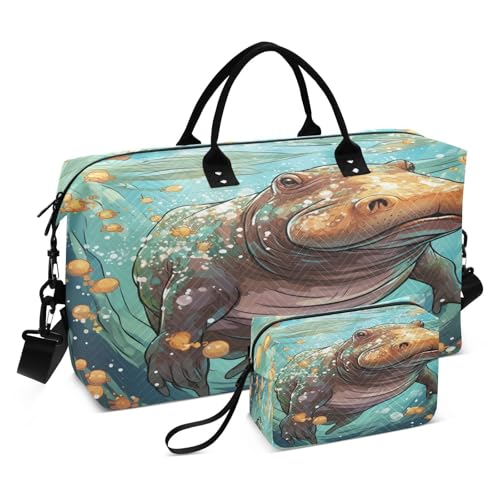 Kinder Cartoon Nilpferd Sporttasche Handtasche mit Make-up Aufbewahrungstasche Badetasche für Reisen Mädchen Männer von DDDIYEU