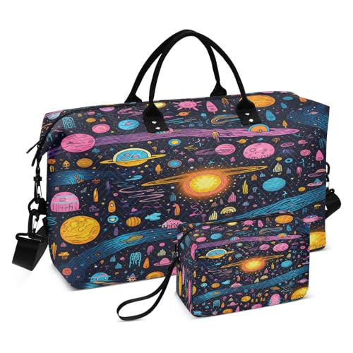 Weltraum-Doodle-Planeten Sporttasche Handtasche mit Make-up Aufbewahrungstasche Badetasche für Reisen Mädchen Männer von DDDIYEU