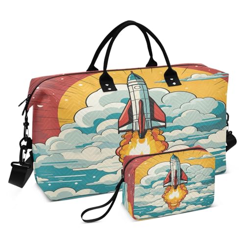 Weltraum-Doodle-Raketenschiff Sporttasche Handtasche mit Make-up Aufbewahrungstasche Badetasche für Reisen Mädchen Männer von DDDIYEU