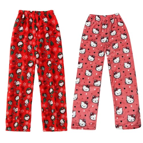 𝐇𝐞𝐥𝐥𝐨 𝐊ἰ𝐭𝐭𝐲 Pyjama Hose Schlafanzug Damen Pyjamas Hosen Lang Flanell Pyjama Damen Schlafhose Weich Kawaii Pyjamas Anime Bequeme Schlafanzughose Frauen Anime Cartoon Casual Home Herbst-Winter von DDJFTU