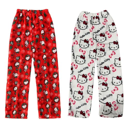 𝐇𝐞𝐥𝐥𝐨 𝐊ἰ𝐭𝐭𝐲 Pyjama Hose Schlafanzug Damen Pyjamas Hosen Lang Flanell Pyjama Damen Schlafhose Weich Kawaii Pyjamas Anime Bequeme Schlafanzughose Frauen Anime Cartoon Casual Home Herbst-Winter von DDJFTU