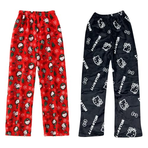 𝐇𝐞𝐥𝐥𝐨 𝐊ἰ𝐭𝐭𝐲 Pyjama Hose Schlafanzug Damen Pyjamas Hosen Lang Flanell Pyjama Damen Schlafhose Weich Kawaii Pyjamas Anime Bequeme Schlafanzughose Frauen Anime Cartoon Casual Home Herbst-Winter von DDJFTU