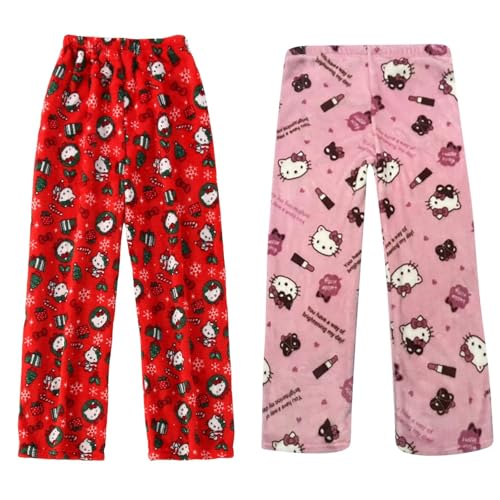 𝐇𝐞𝐥𝐥𝐨 𝐊ἰ𝐭𝐭𝐲 Pyjama Hose Schlafanzug Damen Pyjamas Hosen Lang Flanell Pyjama Damen Schlafhose Weich Kawaii Pyjamas Anime Bequeme Schlafanzughose Frauen Anime Cartoon Casual Home Herbst-Winter von DDJFTU