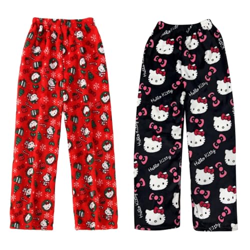 𝐇𝐞𝐥𝐥𝐨 𝐊ἰ𝐭𝐭𝐲 Pyjama Hose Schlafanzug Damen Pyjamas Hosen Lang Flanell Pyjama Damen Schlafhose Weich Kawaii Pyjamas Anime Bequeme Schlafanzughose Frauen Anime Cartoon Casual Home Herbst-Winter von DDJFTU