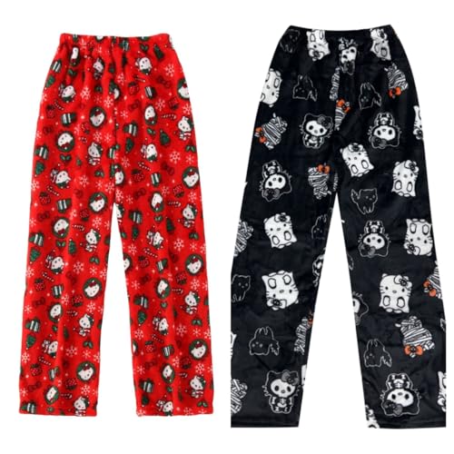 𝐇𝐞𝐥𝐥𝐨 𝐊ἰ𝐭𝐭𝐲 Pyjama Hose Schlafanzug Damen Pyjamas Hosen Lang Flanell Pyjama Damen Schlafhose Weich Kawaii Pyjamas Anime Bequeme Schlafanzughose Frauen Anime Cartoon Casual Home Herbst-Winter von DDJFTU