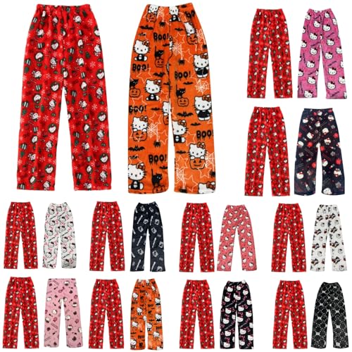 𝐇𝐞𝐥𝐥𝐨 𝐊ἰ𝐭𝐭𝐲 Pyjama Hose Schlafanzug Damen Pyjamas Hosen Lang Flanell Pyjama Damen Schlafhose Weich Kawaii Pyjamas Anime Bequeme Schlafanzughose Frauen Anime Cartoon Casual Home Herbst-Winter von DDJFTU