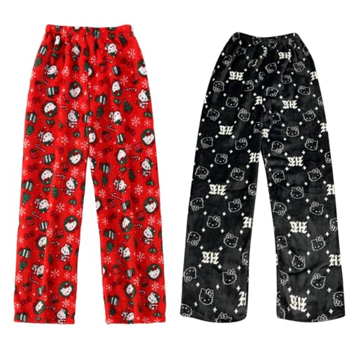 𝐇𝐞𝐥𝐥𝐨 𝐊ἰ𝐭𝐭𝐲 Pyjama Hose Schlafanzug Damen Pyjamas Hosen Lang Flanell Pyjama Damen Schlafhose Weich Kawaii Pyjamas Anime Bequeme Schlafanzughose Frauen Anime Cartoon Casual Home Herbst-Winter von DDJFTU