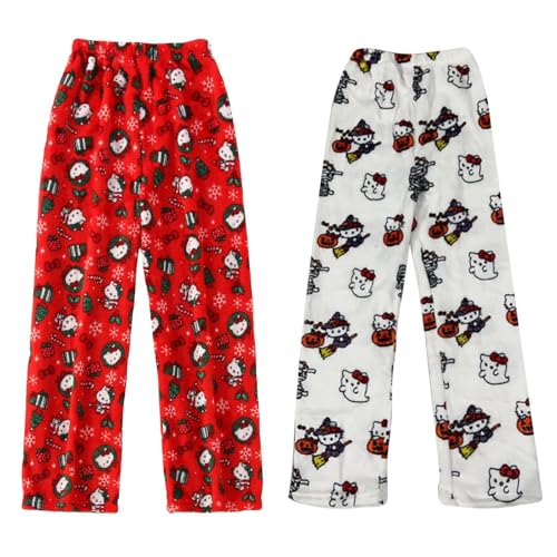 𝐇𝐞𝐥𝐥𝐨 𝐊ἰ𝐭𝐭𝐲 Pyjama Hose Schlafanzug Damen Pyjamas Hosen Lang Flanell Pyjama Damen Schlafhose Weich Kawaii Pyjamas Anime Bequeme Schlafanzughose Frauen Anime Cartoon Casual Home Herbst-Winter von DDJFTU